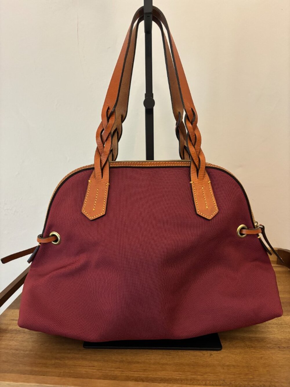Dooney & Bourke Maroon Burgundy Nylon Brown Leather Large Domed Satchel - Picture 3 of 15